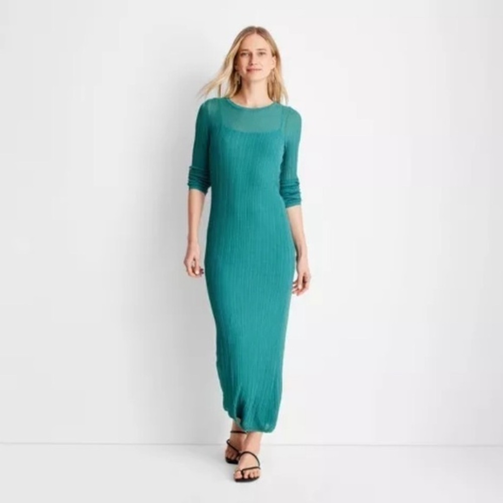 Sheer Maxi Dress - Future Collective Teal lined soft knit NEW Long Sleeve